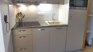 A modern kitchen with grey cabinets, a built-in oven, and a stainless steel sink. - Central studio in Brides-les-Bains with balcony and WiFi (Brides-les-Bains)