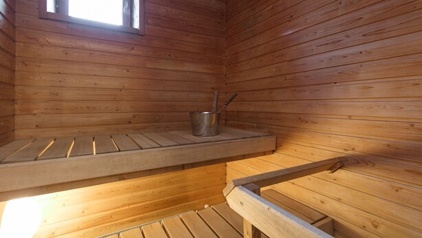 A sauna room with wooden walls and benches.