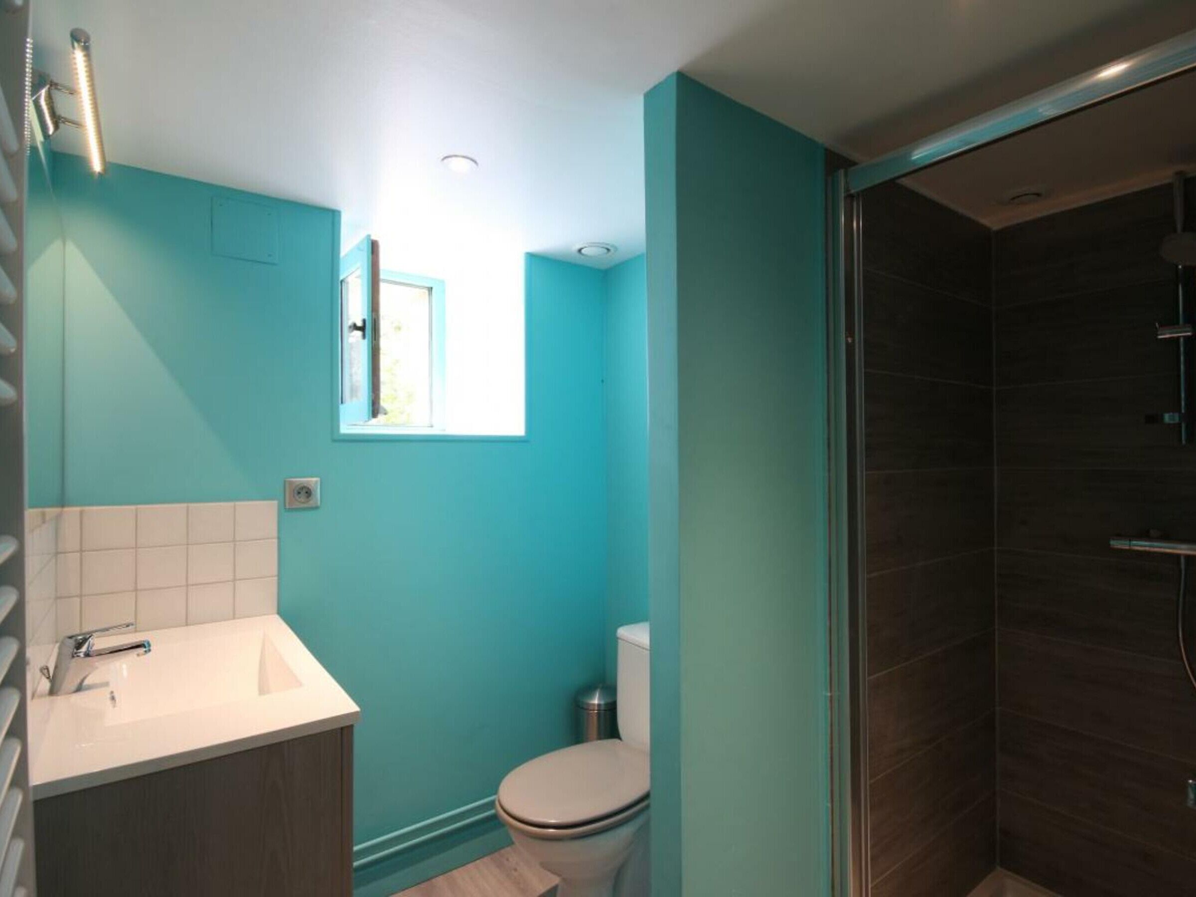 Un bagno con un lavandino bianco, un WC e una zona doccia.