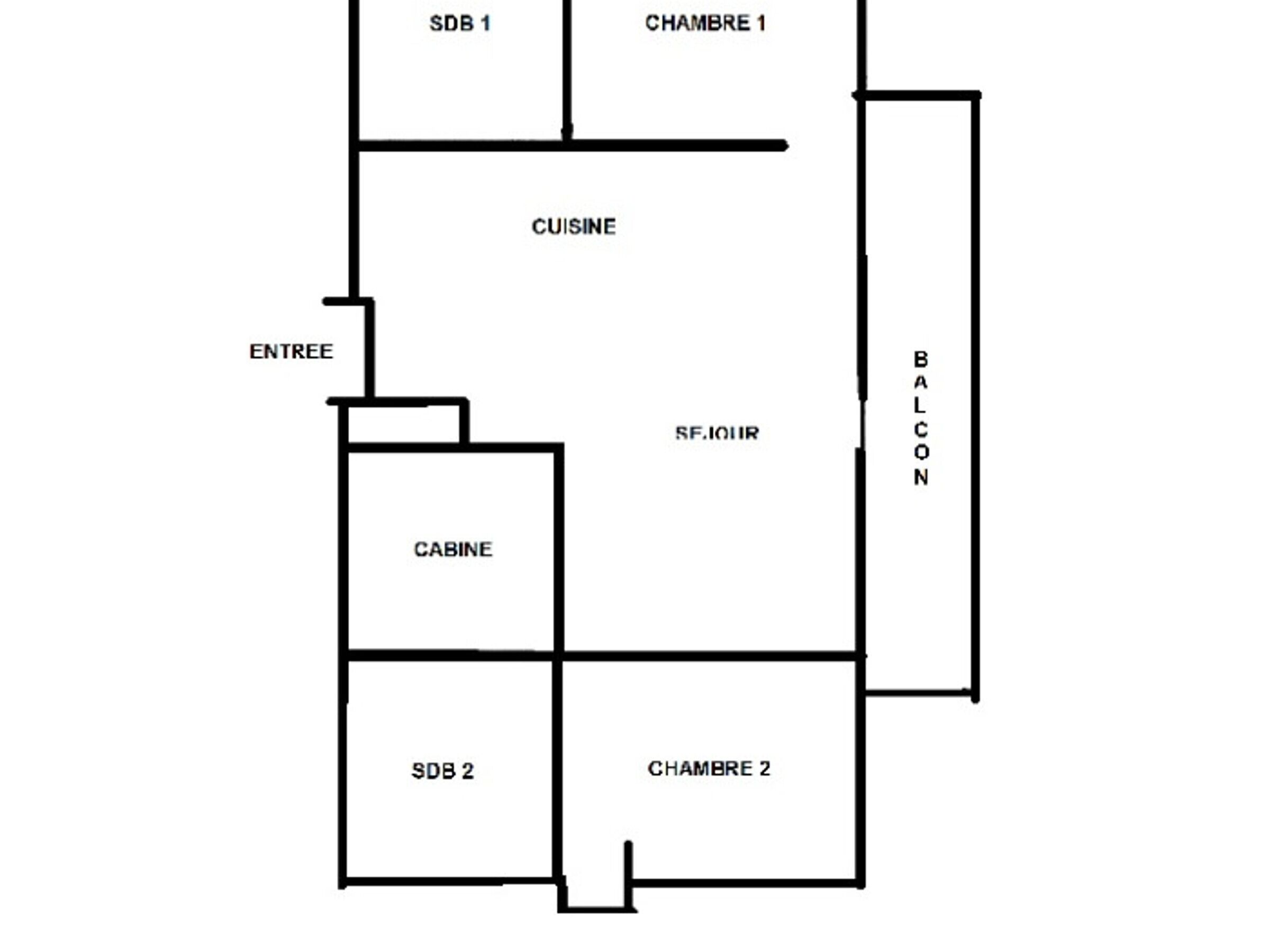 A floor plan with two bedrooms (SDB 1 and SDB 2), a kitchen (CUISINE), a dining area (SF. IOUIR), a bathroom (ENTREE), and a balcony (BALCON).