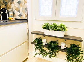 A kitchen with white cabinets, a black countertop, a window with blinds, and a shelf with potted plants and white mugs.