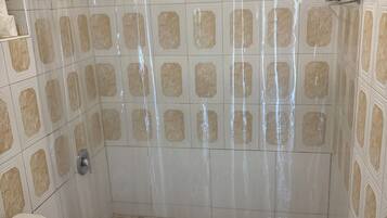 Combined shower/bathtub, hair dryer, towels, soap