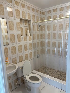 Une salle de bain comprenant des toilettes, un lavabo et un espace douche.