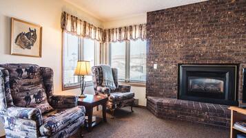 Smart TV, fireplace, foosball