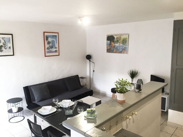 A modern kitchen with a dining area, featuring a black sofa, a dining table set with plates and glasses, and a potted plant on the counter.