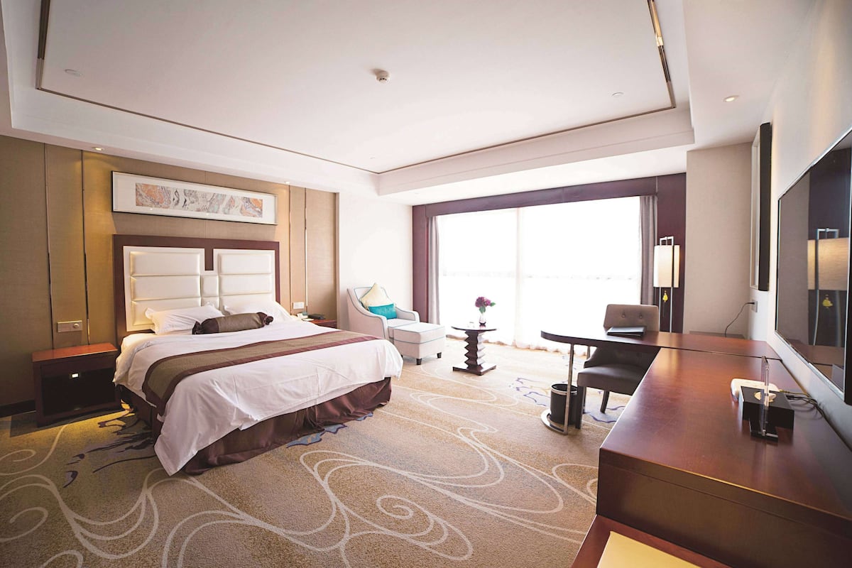 A hotel room with a large bed, a desk, a chair, a TV, and a large window.