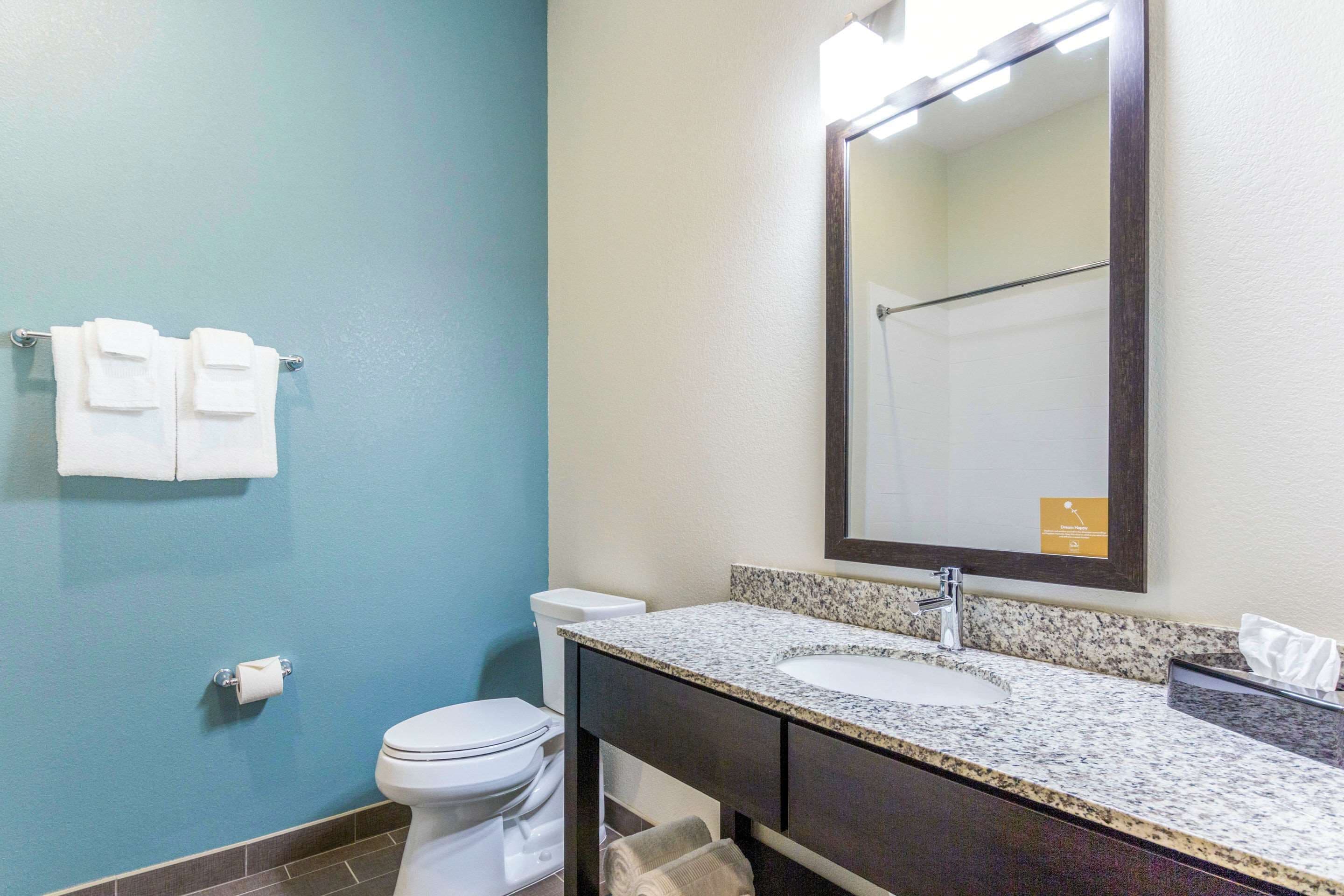 Un baño con inodoro blanco, lavabo con encimera de granito y espejo sobre el lavabo.