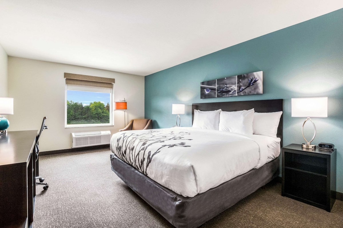 A hotel room with a large bed, two bedside tables with lamps, a window with a view of trees, and a desk with a lamp.