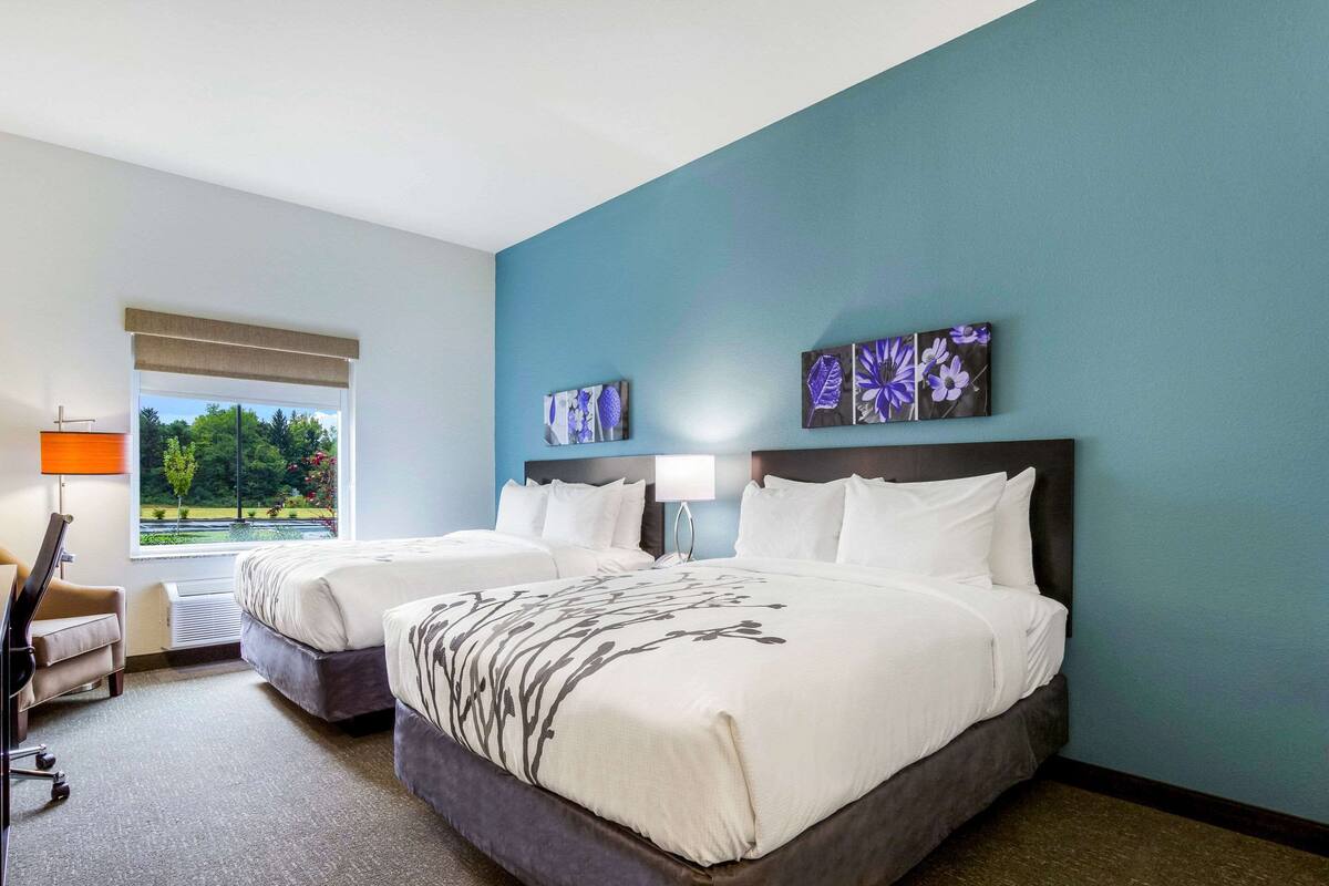 A hotel room with two beds, a desk, and a window with a view of greenery.