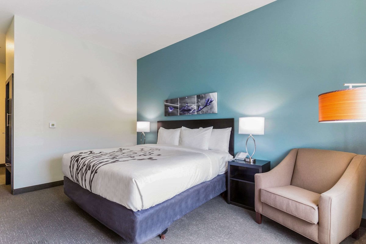 A hotel room with a bed, a chair, a nightstand, and a wall-mounted lamp.