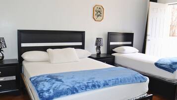 Un dormitorio con dos camas, una mesita de noche con lámpara y una puerta.
