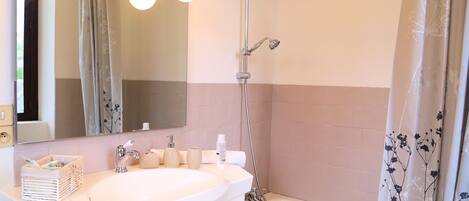 A bathroom with a sink, mirror, and shower.