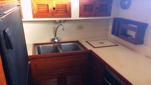 Cocina compacta con armarios de madera, un lavamanos doble y un microondas.
