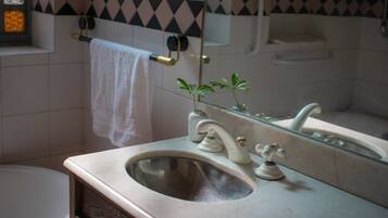 Bañera con ducha, bidet, shampoo, papel higiénico