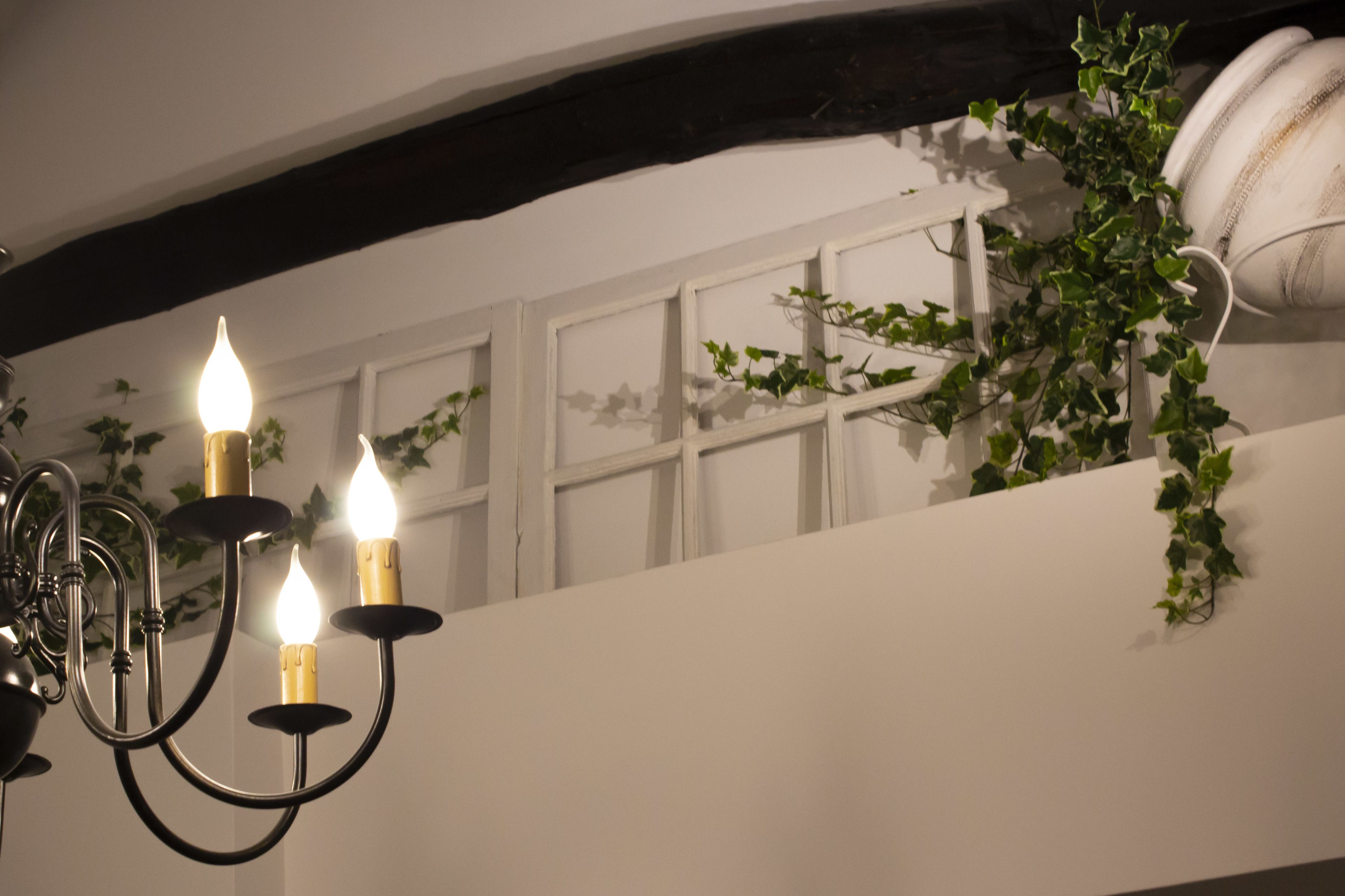 A chandelier with three lit candles, a white wall with a black beam, and green ivy climbing the wall.