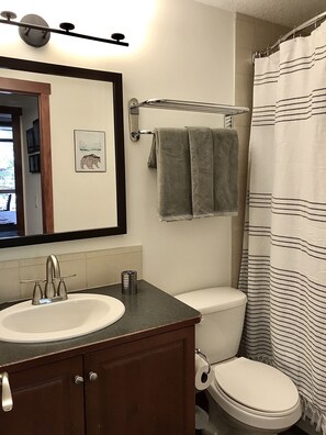 A bathroom with a sink, mirror, towel rack, toilet, and striped shower curtain. - Spacious two-bedroom retreat in the heart of Canmore (Canmore)