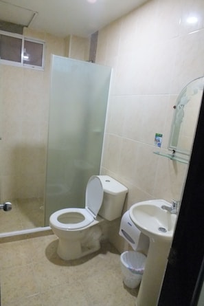 Buồng tắm vòi sen, khăn tắm, xà phòng, giấy vệ sinh