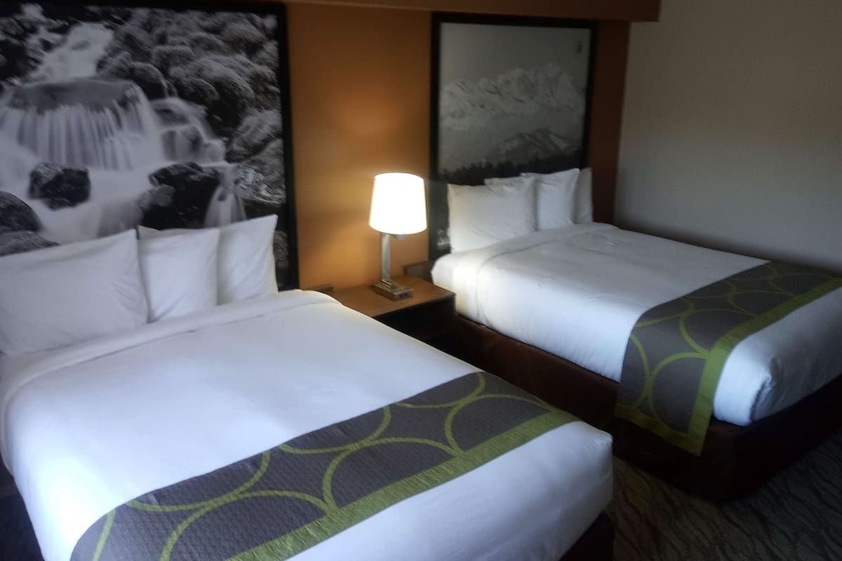 A hotel room with two beds, a nightstand with a lamp, and a painting of a waterfall on the wall.