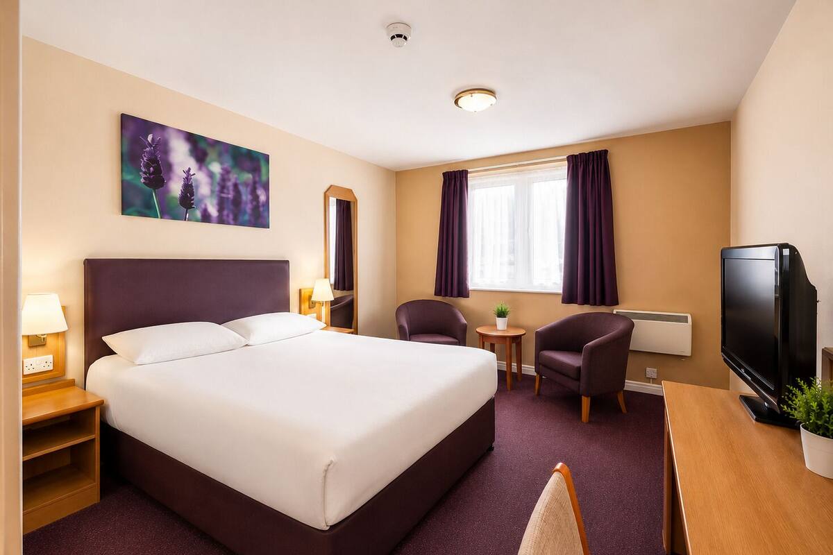 A hotel room with a bed, two armchairs, a desk with a television, a painting on the wall, and a window with curtains.