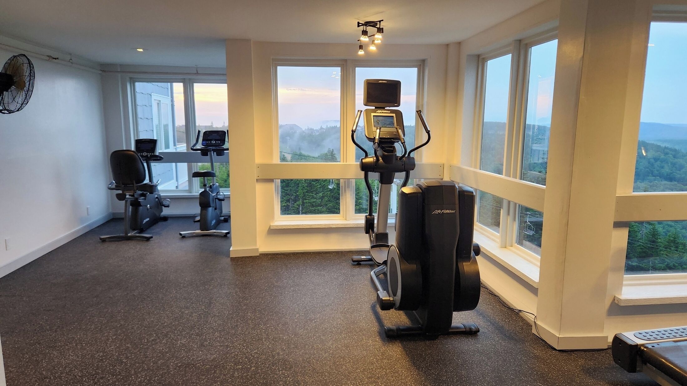 Une salle de sport équipée d’appareils de cardio, d’un rameur et d’un écran de télévision.