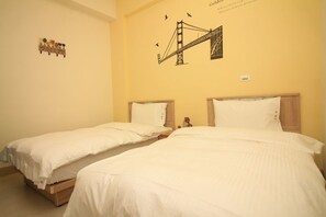 Desk, blackout curtains, bed sheets