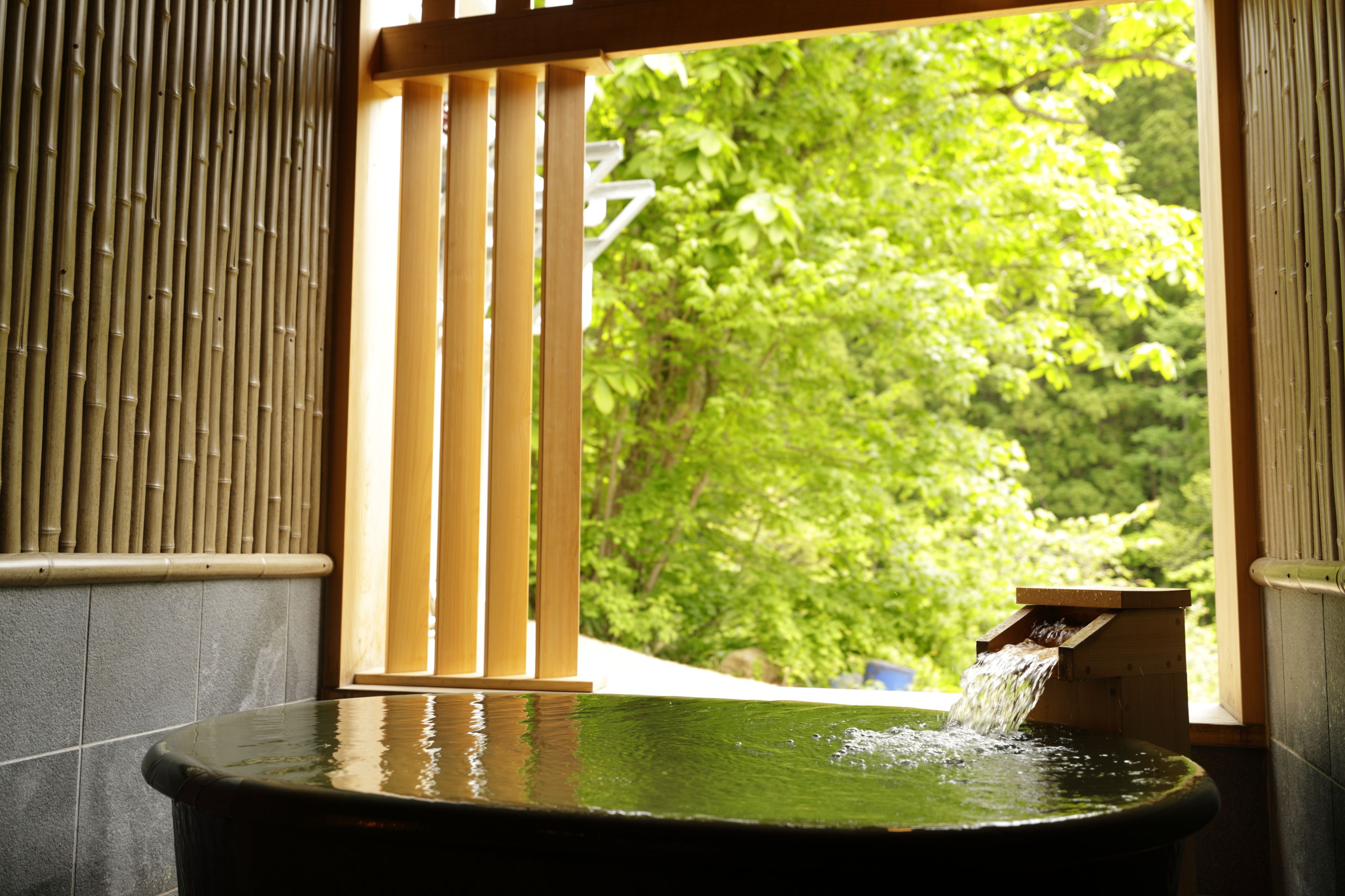 A traditional Japanese-style water feature with a bamboo backdrop and a view of lush greenery outside.