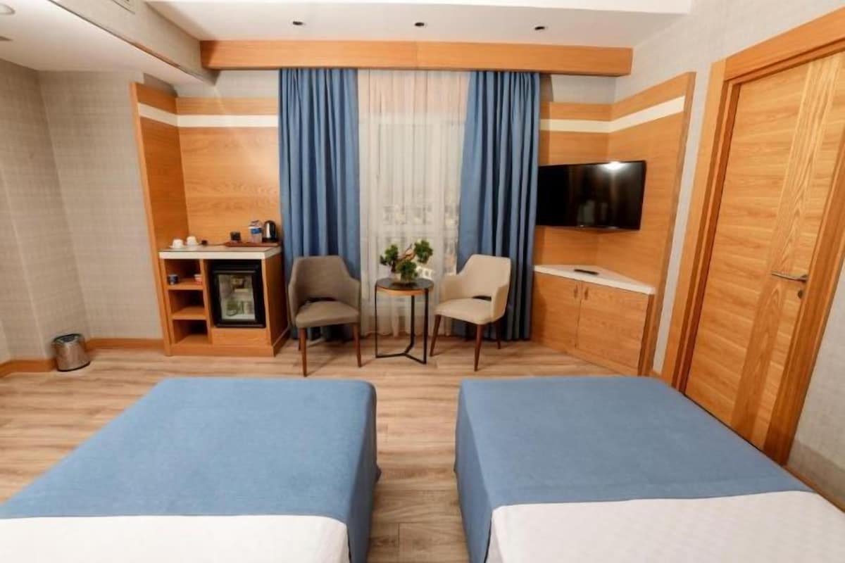 Habitación de hotel con dos camas, un escritorio con silla, un televisor y una pequeña mesa con una planta.