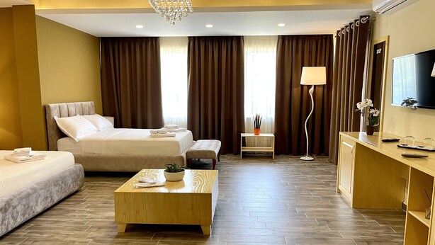 A hotel room with a bed, a sofa, a desk, a TV, and a potted plant. - Monte Mare Hotel (Vlorë)