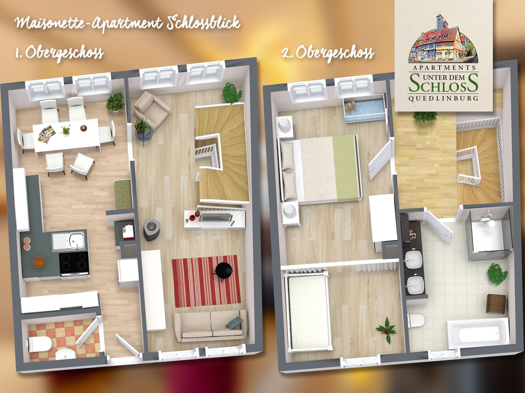 Two apartment floor plans with a kitchen, dining area, living room, and bathroom. Each apartment has a balcony and a view of the street.