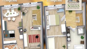 Two apartment floor plans with a kitchen, dining area, living room, and bathroom. Each apartment has a balcony and a view of the street.