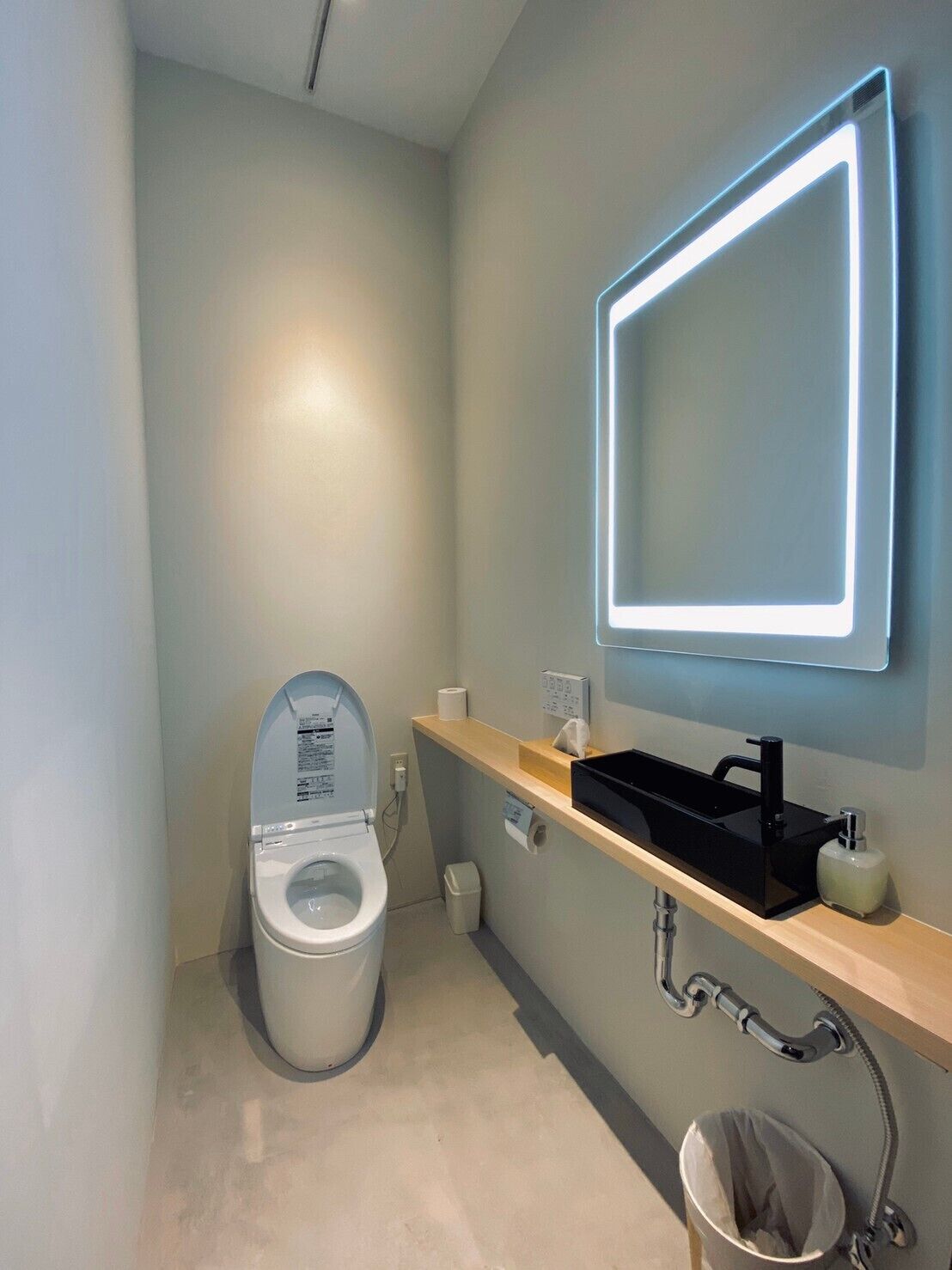 A modern bathroom with a toilet, a sink, and a mirror.