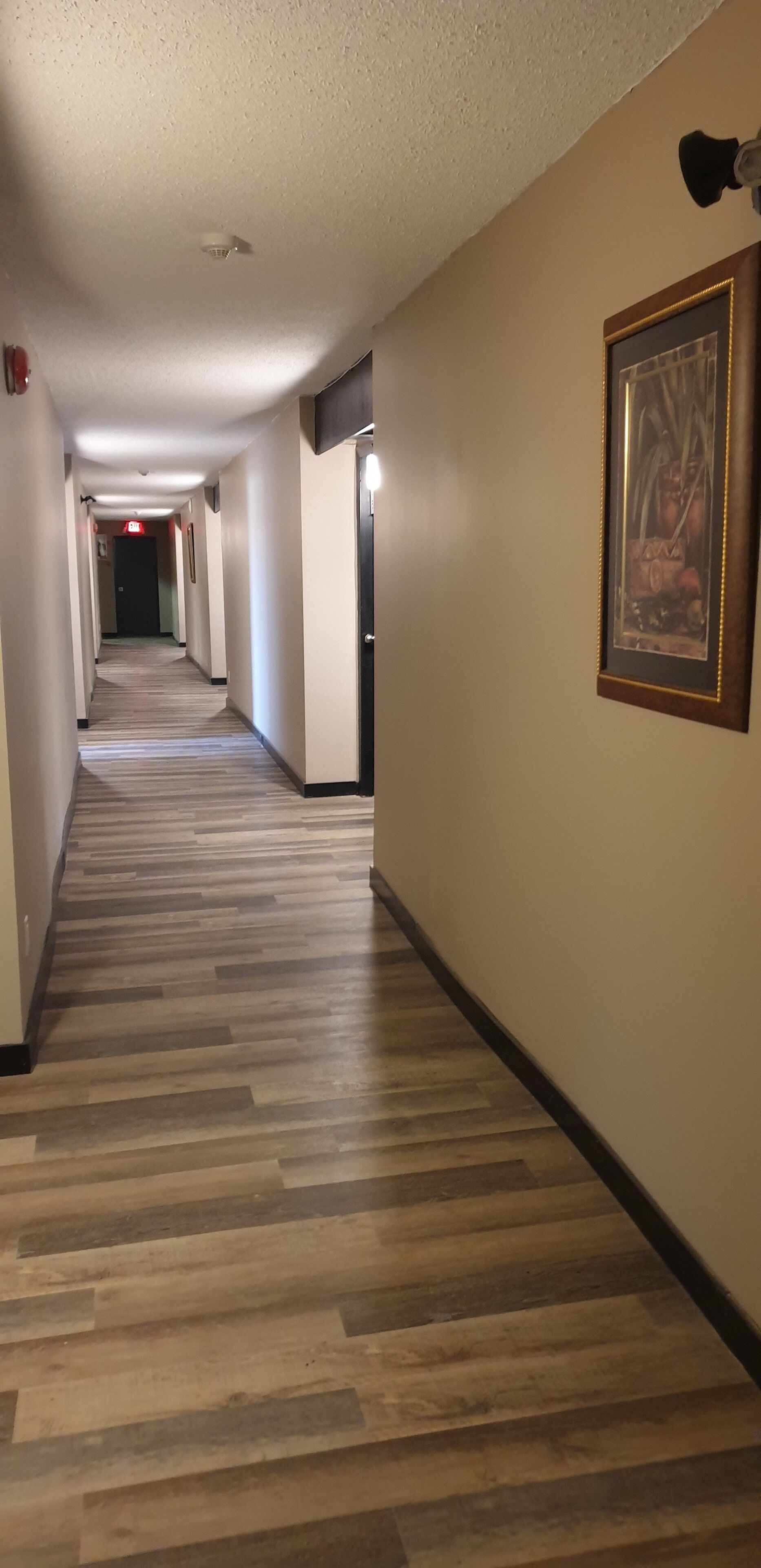 Un pasillo de hotel con suelo de madera, paredes color beige y una obra de arte enmarcada a la derecha.