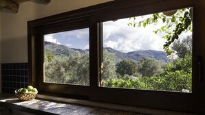 Una cocina con un ventanal grande que da a un paisaje montañoso.