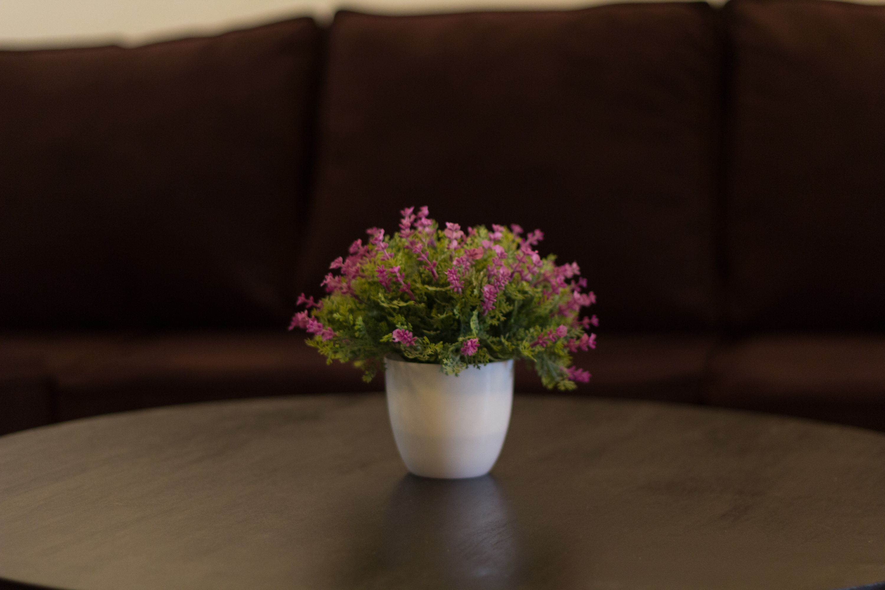 A white pot with pink flowers on a round table.