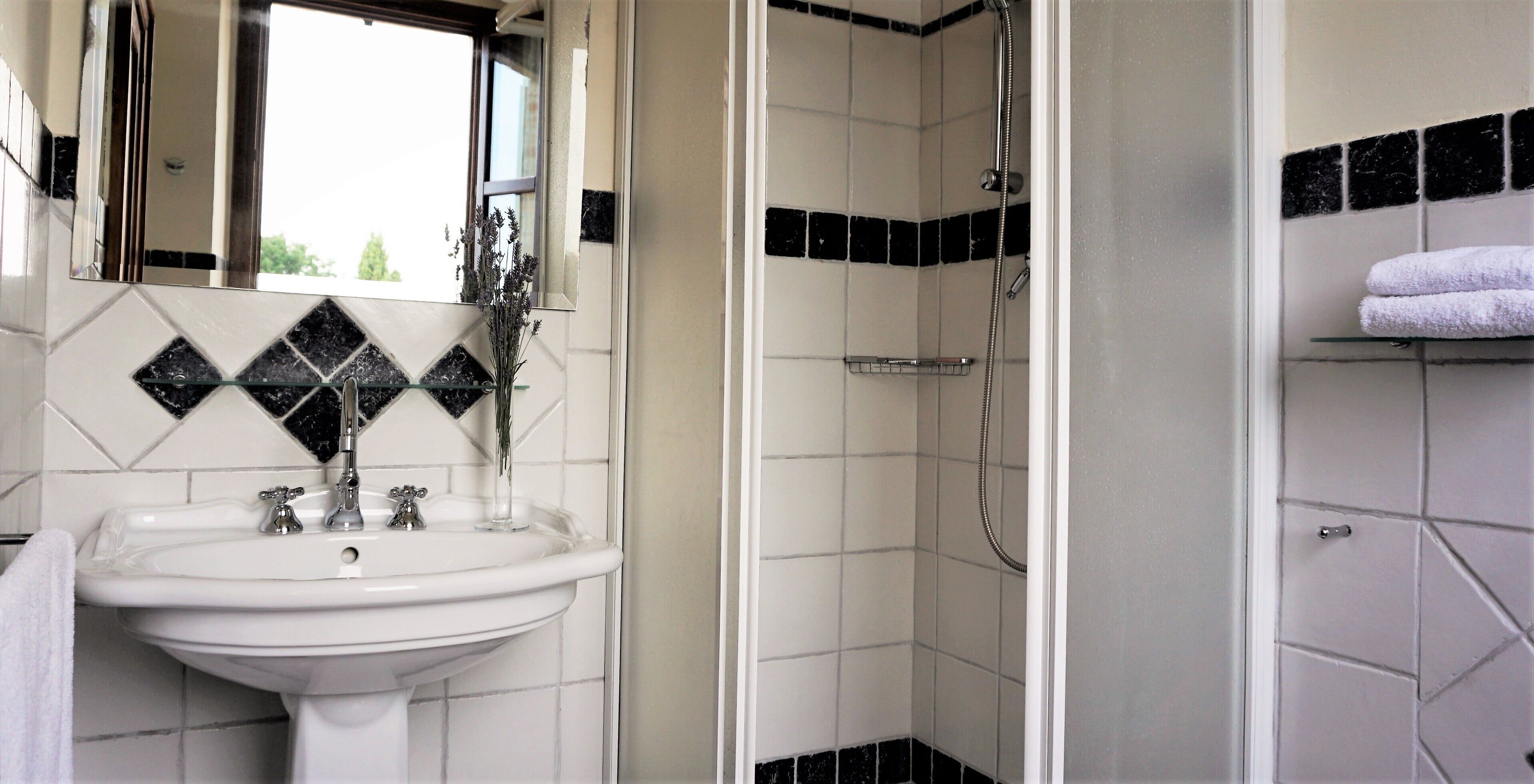 A bathroom with a white sink, a mirror, and a shower area.