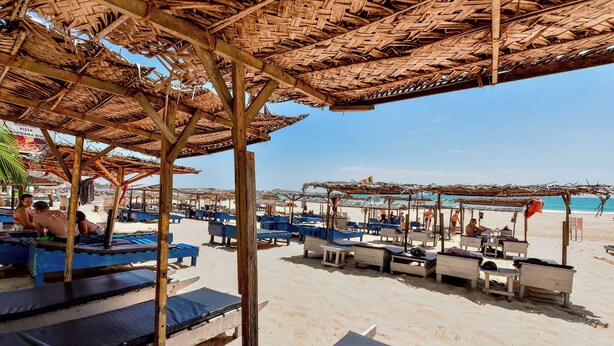 Una zona frente a la playa con sombrillas de techo de paja y sillas de descanso, algunas con cojines azules.