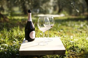A bottle of wine and two glasses on a wooden table in a grassy outdoor area. - Le Mammole (San Miniato)