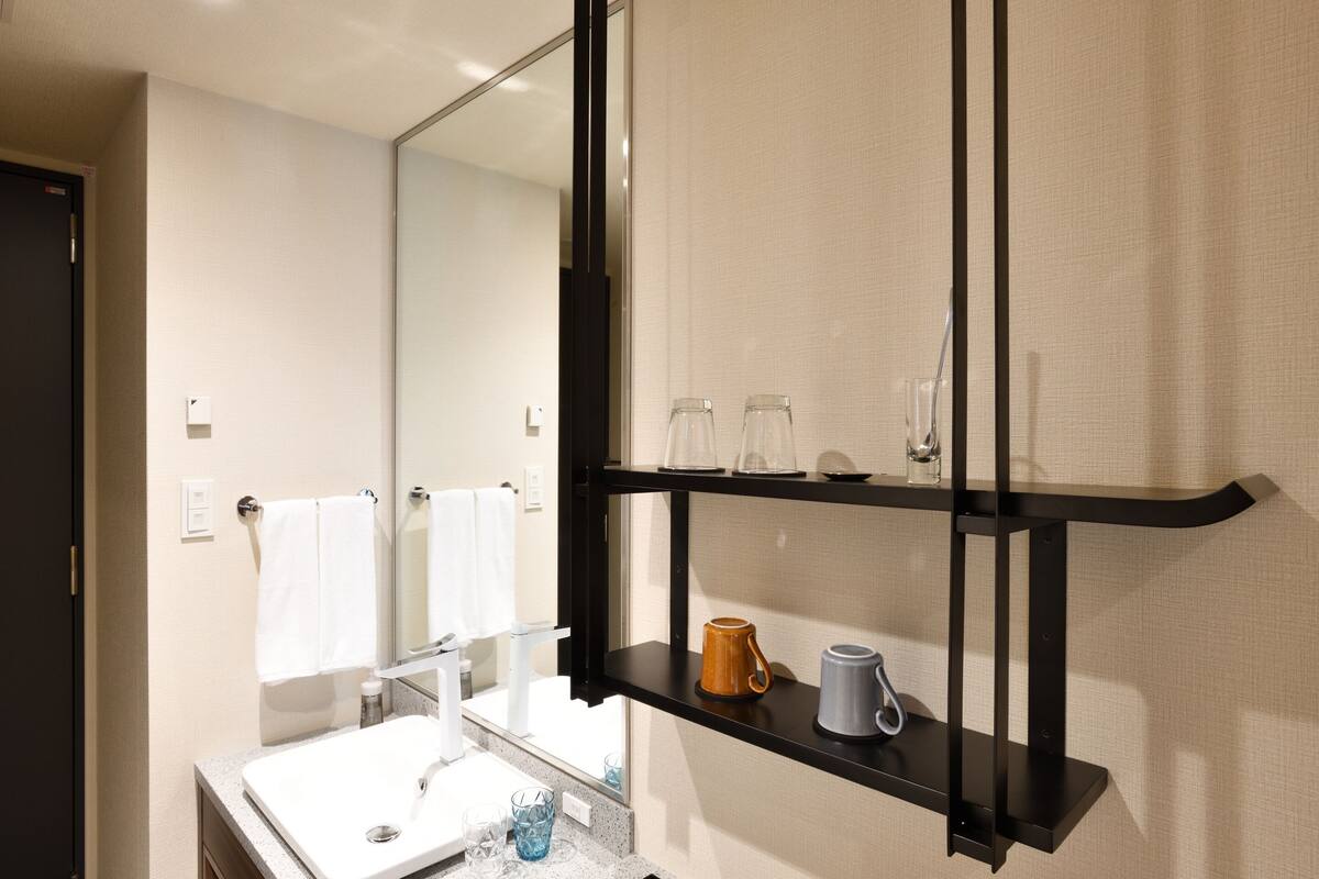 combined shower/bathtub, free toiletries, hair dryer, slippers