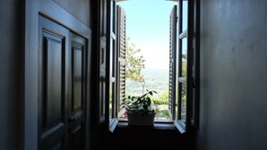A narrow hallway with a window leading to a balcony with a potted plant. - BR1 Cibo & Benessere (Montesilvano)