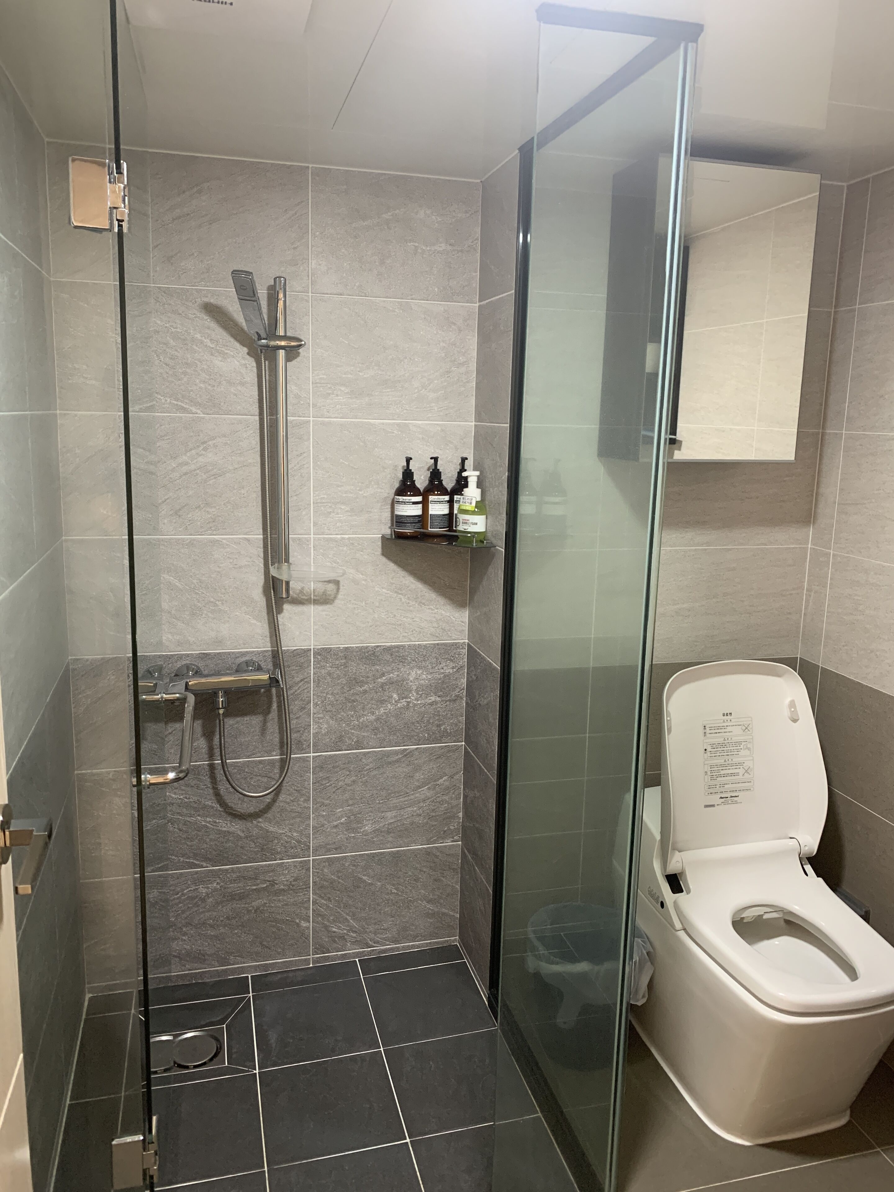 A modern bathroom with a glass-enclosed shower, a toilet, and a shelf with toiletries.