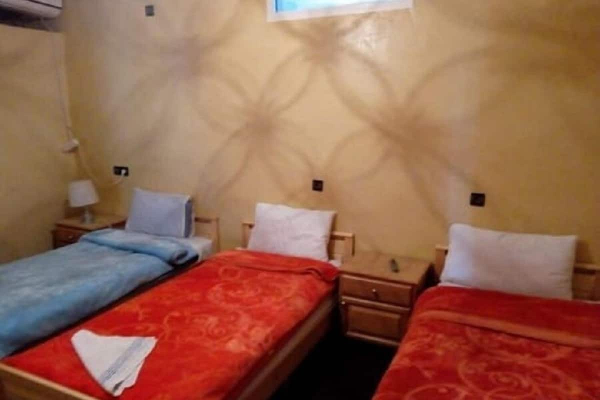 A room with two single beds, each with a different colored bedspread, and a small bedside table with a lamp.