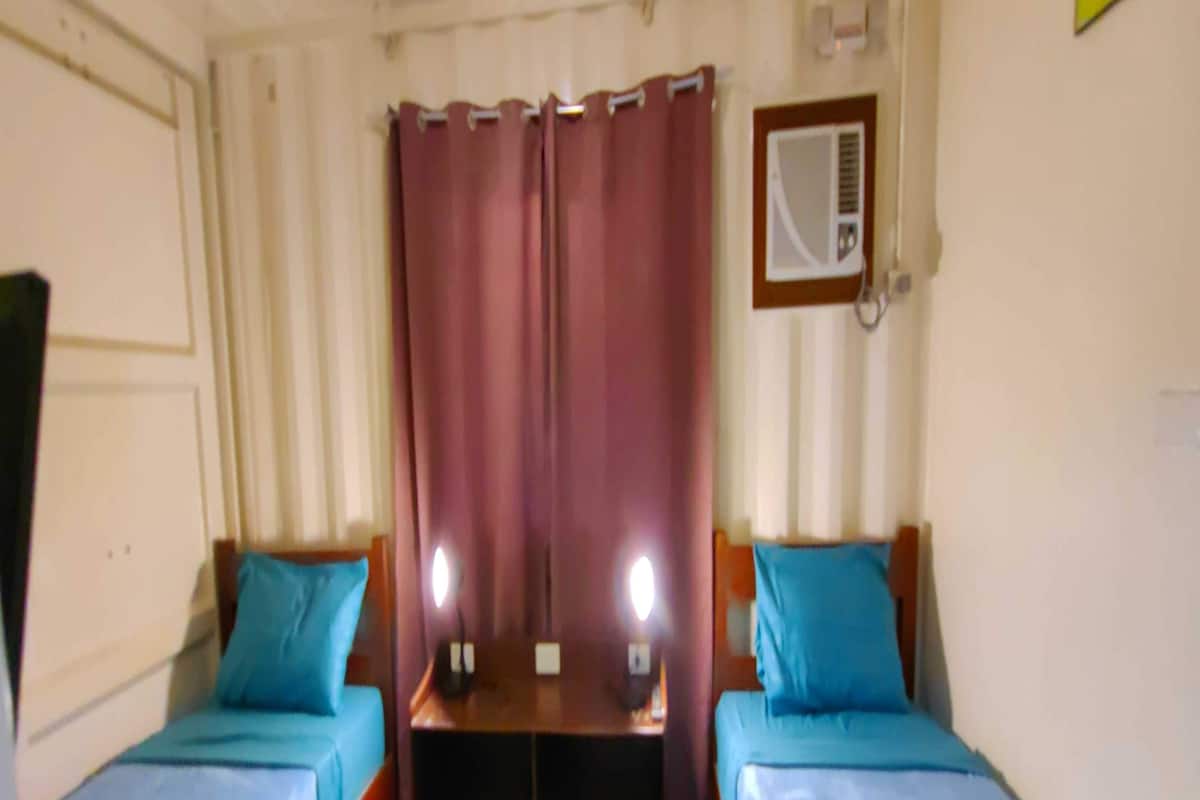 Desk, laptop workspace, blackout curtains, free WiFi