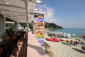 Privat strand, solstolar och parasoller