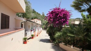 A narrow street with buildings on either side, potted plants, and a prominent pink flowering tree. - Villaggio Hotel Quattro Scogli (Ricadi)