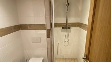 Un baño moderno con ducha envuelta en vidrio, inodoro y puerta de madera.