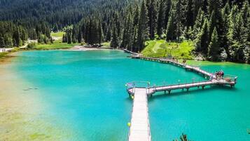 A pier extending into a turquoise lake surrounded by dense forest.