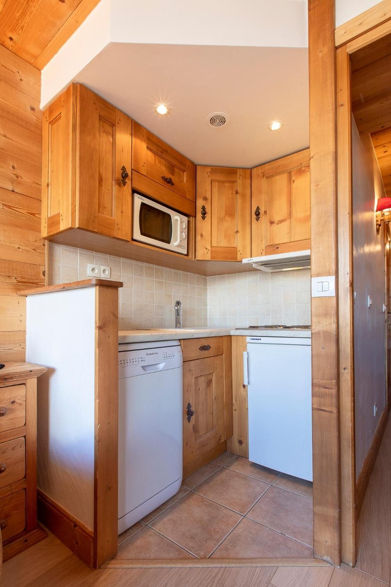 Eine kleine Küche mit Holzschränken, einer Mikrowelle, einem Geschirrspüler und einem Kühlschrank.