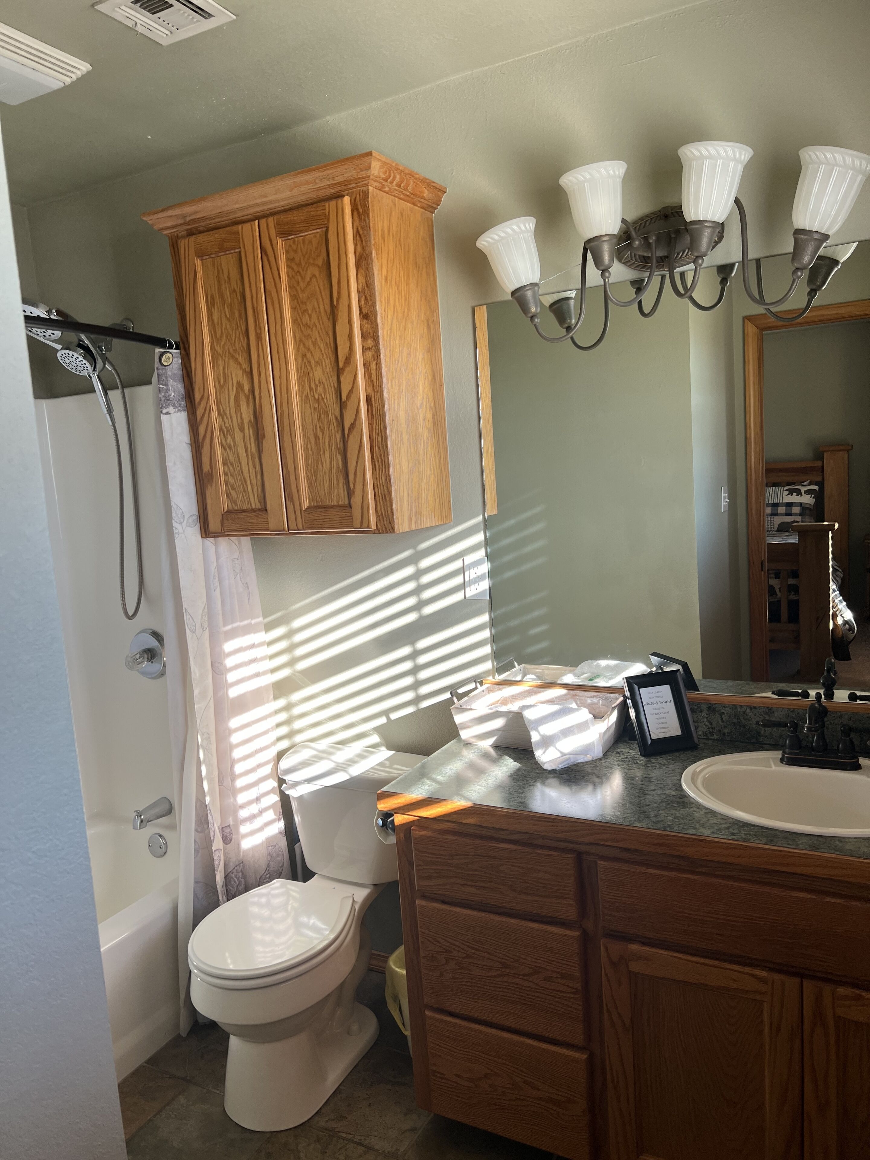 Combined shower/bathtub, hair dryer, towels, soap