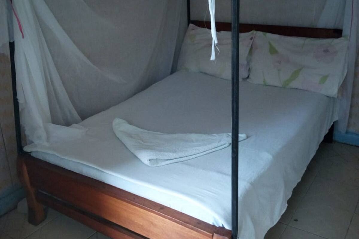 Un lit simple avec un cadre en bois et un baldaquin.