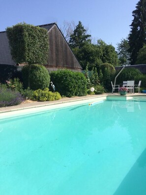 Seasonal outdoor pool, sun loungers
